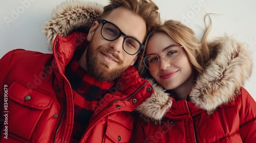  A man and a woman, both wearing glasses, pose with fur-lined hoods and collars draped over their shoulders for the camera