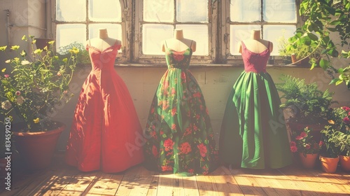  Three mannequins display dressed-up in front of a window The window is adorned with potted plants Wooden floor holds more potted plants in front of the man