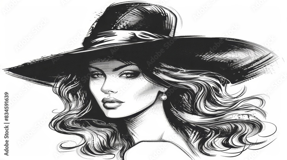 A black-and-white drawing of a woman with long hair She wears a large black hat, its brim adorned with feathers A black-and-white drawing of a woman with long hair She wears a large black hat, its brim adorned with feathers