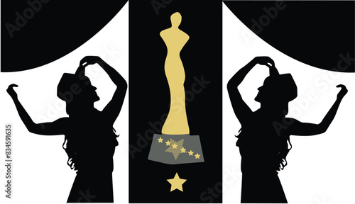 HOLLYWOOD Movie PARTY Gold STAR AWARD Statue Prize Giving Ceremony. Golden award prize concept, Silhouette statue icon. Films and cinema symbol stock, Academy award vector eps