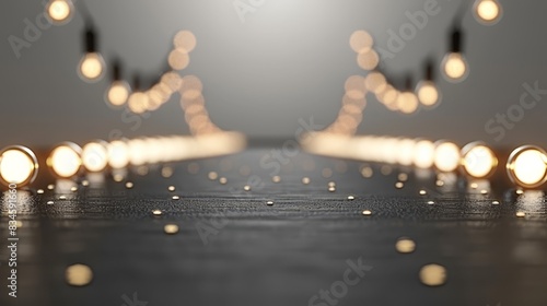  A group of light bulbs atop a wooden table against a light gray backdrop  with a softly blurred line of lights in the distance