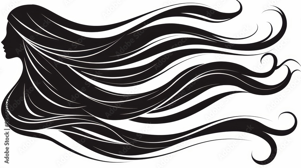 Fototapeta premium A black-and-white silhouette of a woman with long, flowing hair