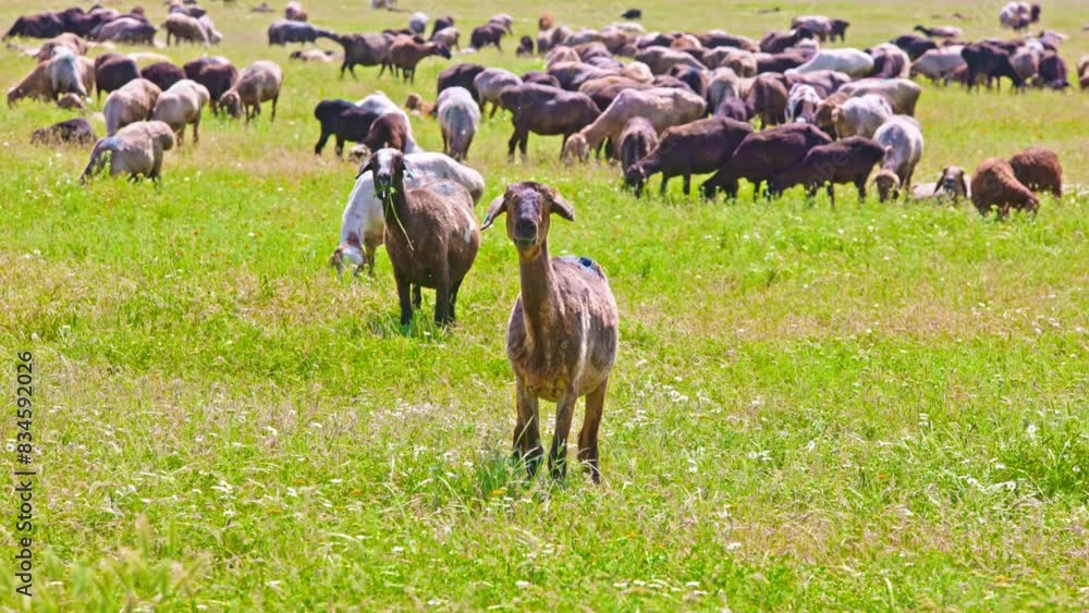 Flock of fat-tailed sheep is grazing in tall grass at sunny day. One fat-tailed sheep is looking to camera. Flock of fat-tailed sheep is grazing in tall grass at sunny day. One fat-tailed sheep is looking to camera.