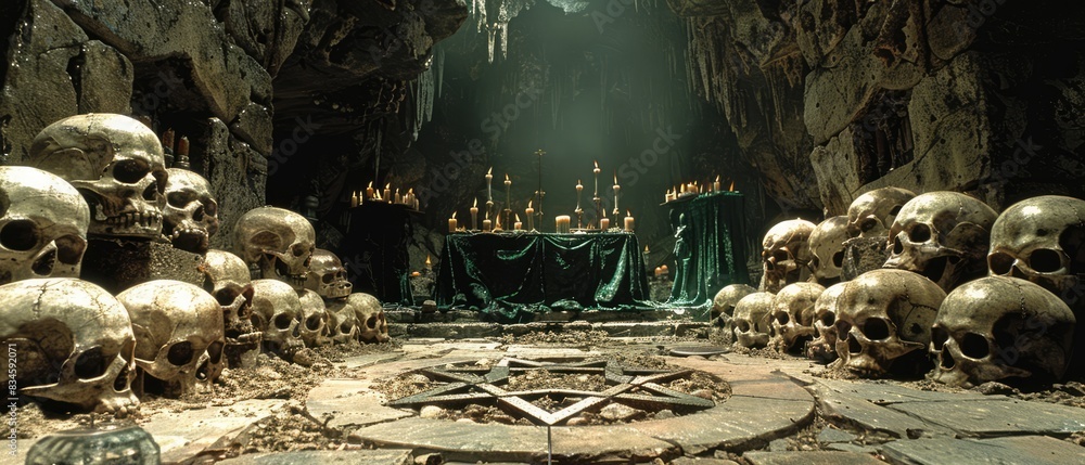 Satanic Ritual Chamber: Dark, Mysterious Altar with Pentagram, Skulls ...