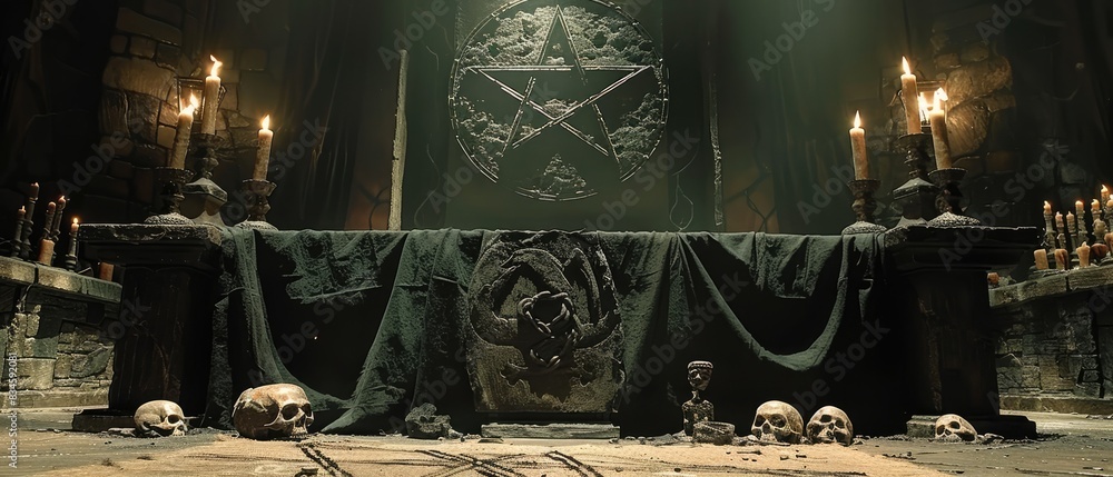 Sinister Satanic Ritual in a Gothic Altar Room with Skulls, Candles and ...