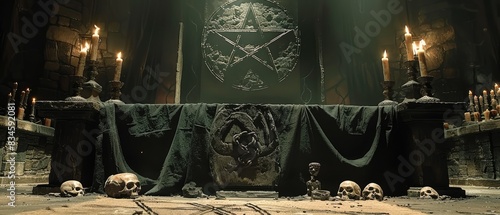 Sinister Satanic Ritual in a Gothic Altar Room with Skulls, Candles and Pentagram
