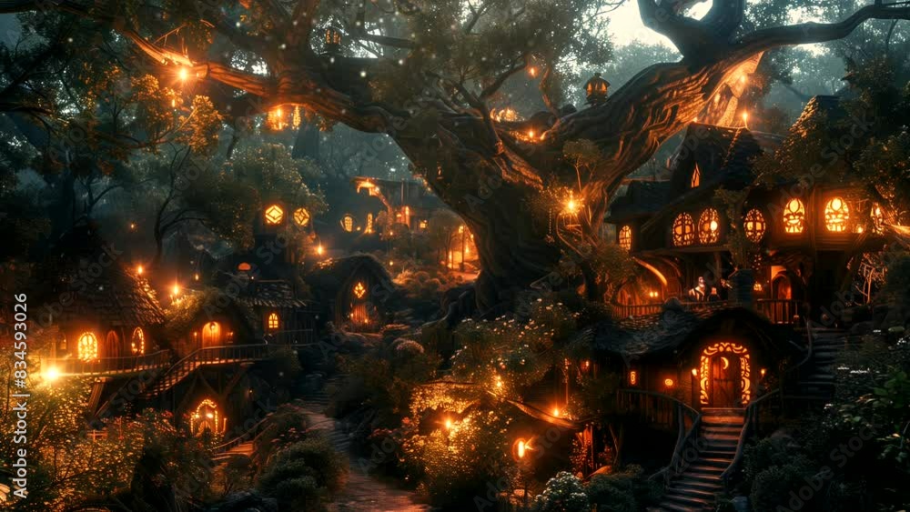 Elf village under giant oak tree at night. Looping time-lapse video background. Elf village under giant oak tree at night. Looping time-lapse video background.