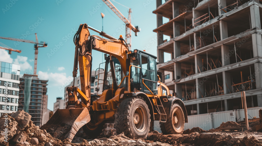 A yellow construction vehicle is digging in a dirt field. The vehicle is surrounded by a large building in the background A yellow construction vehicle is digging in a dirt field. The vehicle is surrounded by a large building in the background