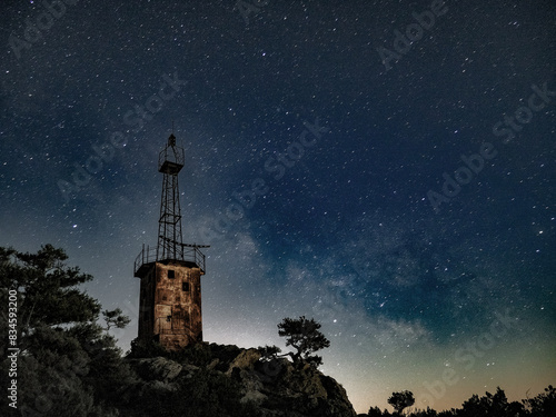 Obraz na płótnie lighthouse under scarry sky at night astrophotography w salonie
