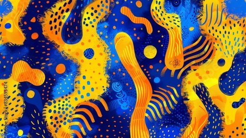  A painting of swirling blue  yellow  and orange hues over a blue and yellow backdrop Inferior half features black dots and circular forms