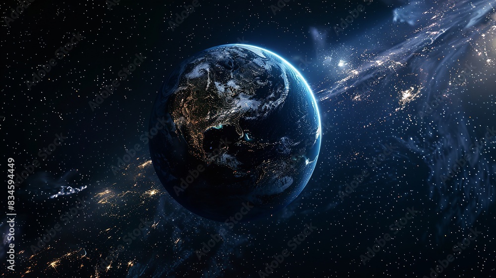 Obraz premium Nightly Planet Earth in Dark Outer Space, Civilization Lights