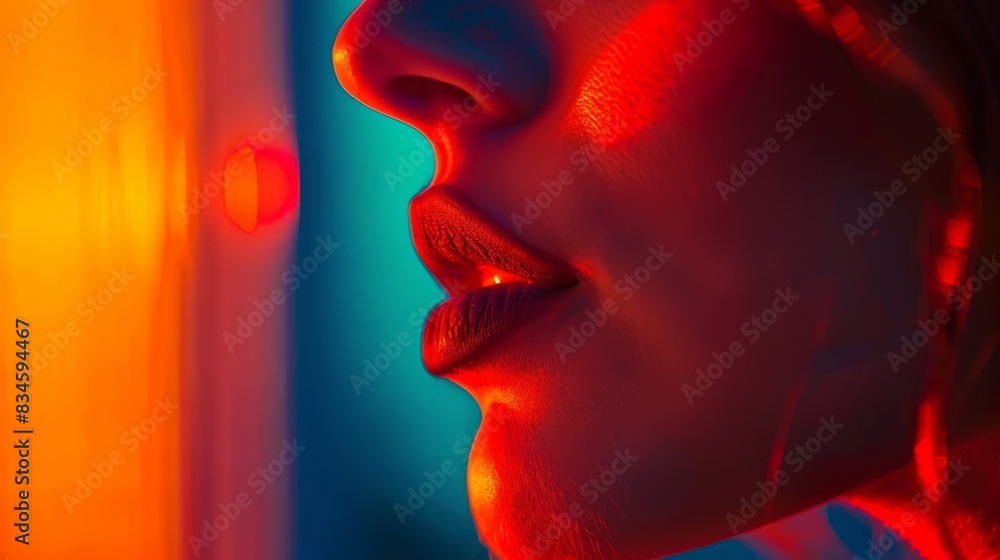 A tight shot of a face lit by a red light from one side and a blue light from the opposite side A tight shot of a face lit by a red light from one side and a blue light from the opposite side