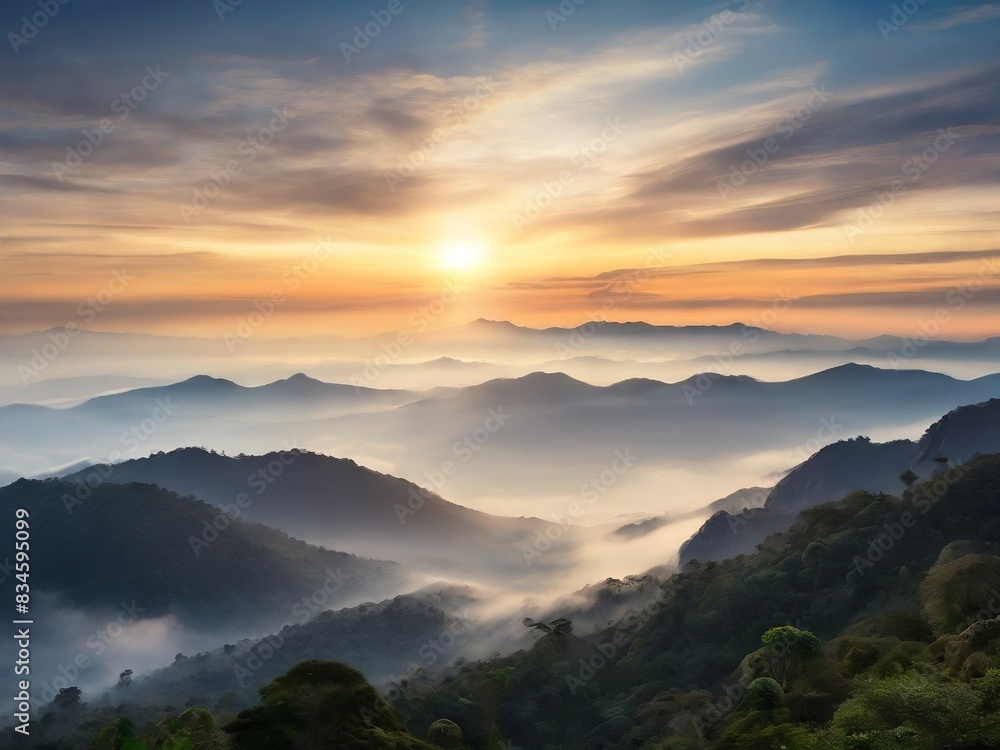 Fototapeta premium sunrise in the misty mountains