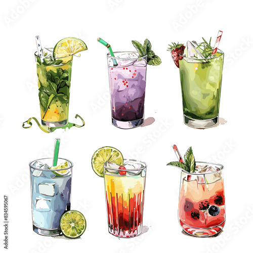 Watercolor clipart of six different cocktail glasses