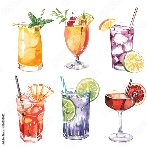 Watercolor clipart of different types of cocktails in glasses, with fruit and ice cubes inside the glass