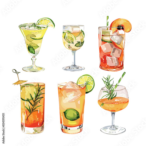Watercolor clipart of six different colorful cocktails in various glasses, each with its own unique fruit garnish and ice cubes
