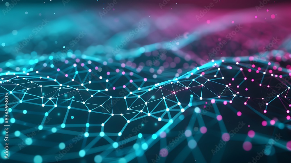Obraz premium Dynamic technology background featuring cyan and magenta dots connected in an intricate plexus pattern