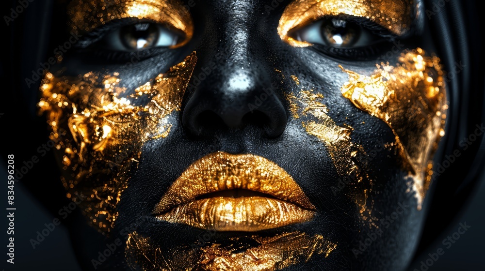 Fototapeta premium A close-up of a woman with gold paint on her face against a black background Her face is adorned with black and gold face paint, and there are accents of gold fo