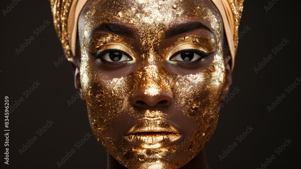 gold paint, turban, golden glitter..Woman's face : gold paint, turban, glitter gold paint, turban, golden glitter..Woman's face : gold paint, turban, glitter