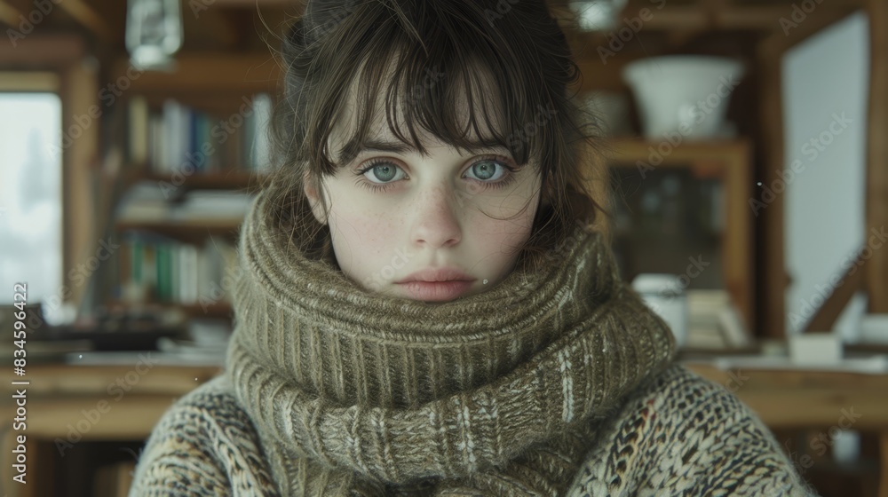 A close-up of a person wearing a scarf, with another scarf around their neck, situated before a bookshelf filled with books A bookshelf adorns the wall A close-up of a person wearing a scarf, with another scarf around their neck, situated before a bookshelf filled with books A bookshelf adorns the wall