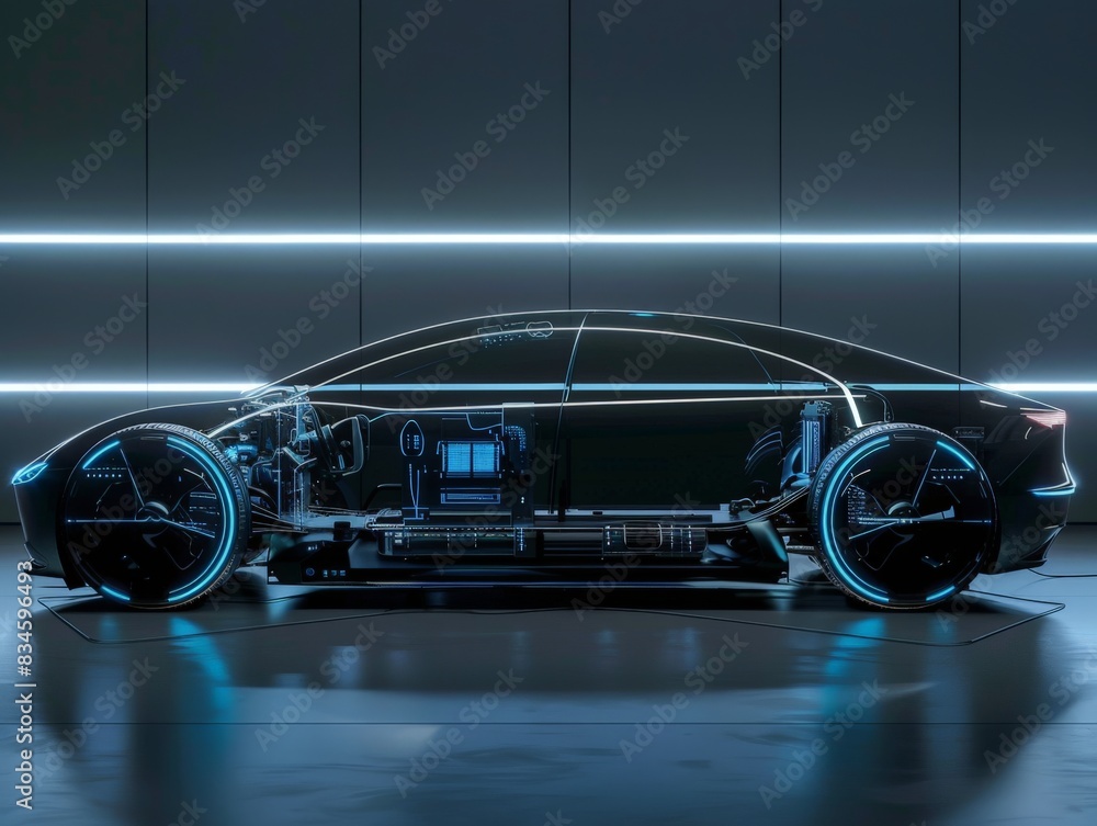 Naklejka premium Modern electric car with cutting-edge technology, displayed in a side view, highlighting its innovative design and advanced engineering
