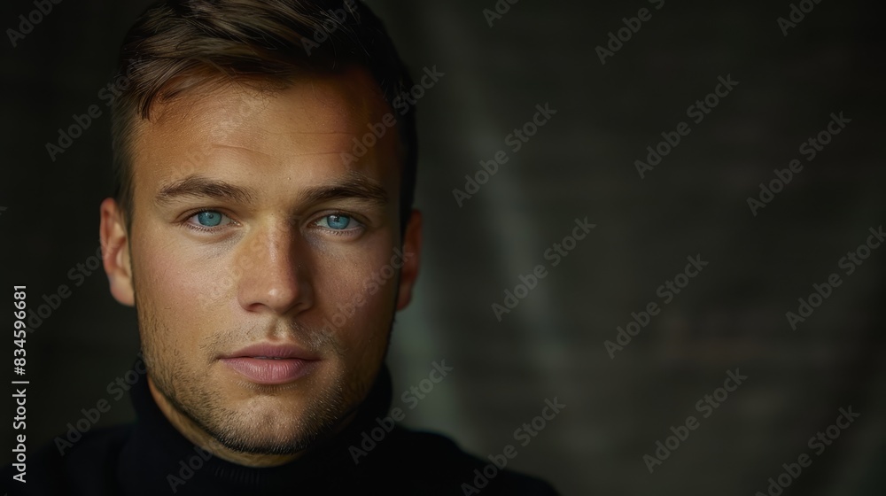 A tight shot of a person in a black turtleneck, gazing intently into the camera with a grave expression A tight shot of a person in a black turtleneck, gazing intently into the camera with a grave expression