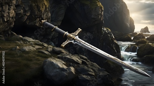 Sword stuck in a rock like in the Excalibur legend , the mythical sword of king Arthur photo