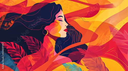 Colorful abstract illustration of a woman with flowing hair and leaves on a vibrant background. Modern art style. Design for poster, wallpaper, greeting card, invitation, postcard
