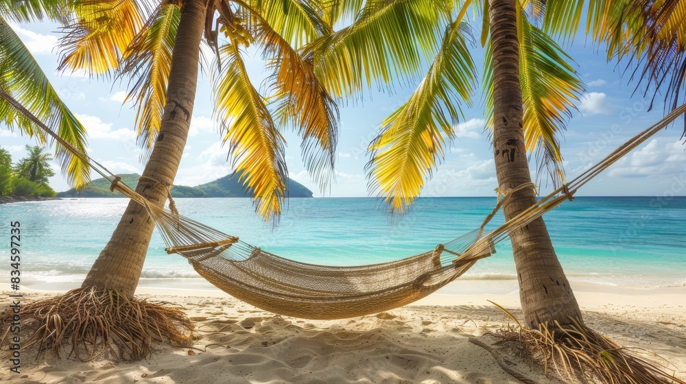 Fototapeta premium A hammock strung between palm trees on a tropical beach, perfect for holiday relaxation
