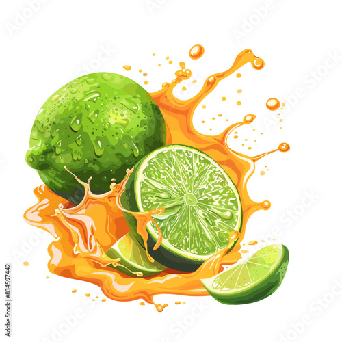 A realistic illustration of lime with a juice splash in the style of a vector style