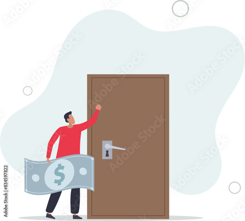 rich businessman holding money banknotes knocking on the door.flat vector illustration.