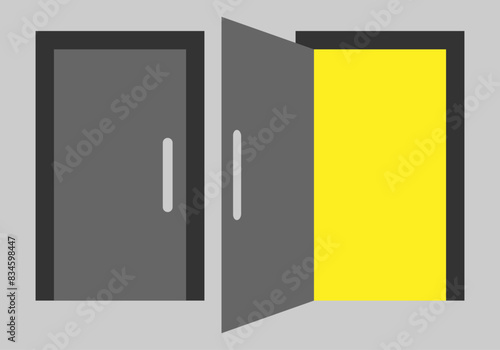 Puerta cerrada y abierta en fondo gris