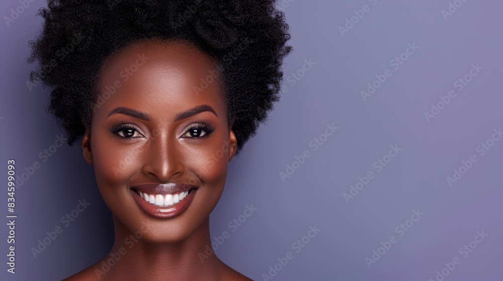 A tight shot of a person with an afro and a radiant smile against a deep purple backdrop, featuring a textured wall A tight shot of a person with an afro and a radiant smile against a deep purple backdrop, featuring a textured wall