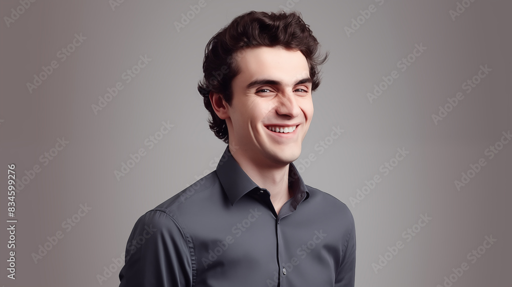 Fototapeta premium Portrait of young handsome smiling business guy wearing a dark gray shirt. Grey background.