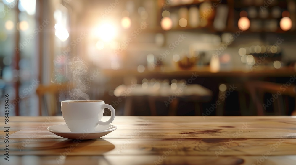 A cozy coffee shop scene with a steaming cup of coffee on a wooden table, and ample empty space on the table for text. A cozy coffee shop scene with a steaming cup of coffee on a wooden table, and ample empty space on the table for text.