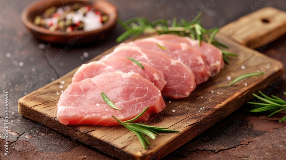 Fresh raw meat slices of pork cutlet displayed on a wooden cutting board Fresh raw meat slices of pork cutlet displayed on a wooden cutting board