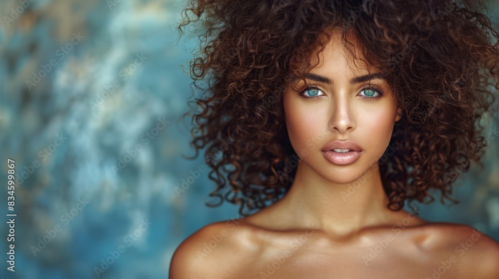 A young woman with curly hair and a shocked expression gazes at the viewer against a near blue wall Beyond, a larger blue wall extends into the background A young woman with curly hair and a shocked expression gazes at the viewer against a near blue wall Beyond, a larger blue wall extends into the background