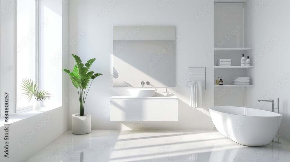 A bright and clean bathroom with a blank mirror, offering a perfect space for promotional text.