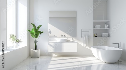 A bright and clean bathroom with a blank mirror  offering a perfect space for promotional text.