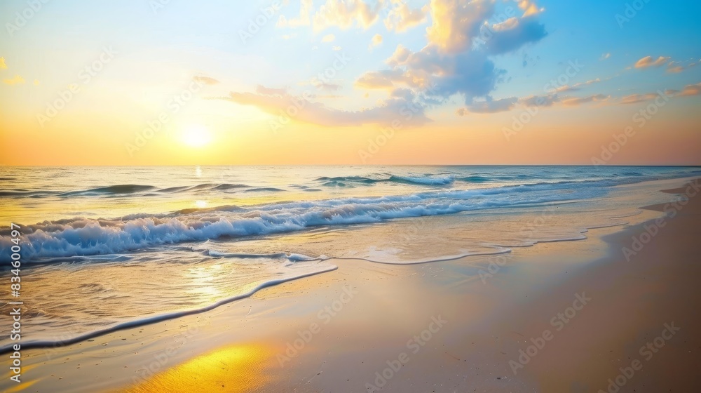 A serene beach scene at sunset with smooth sand and ample space in the sky for adding text.