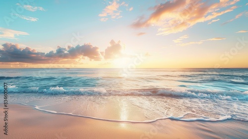 A serene beach scene at sunset with smooth sand and ample space in the sky for adding text.