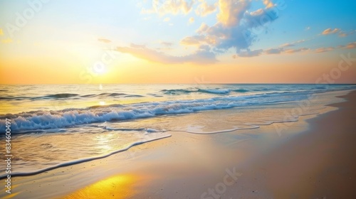 A serene beach scene at sunset with smooth sand and ample space in the sky for adding text.