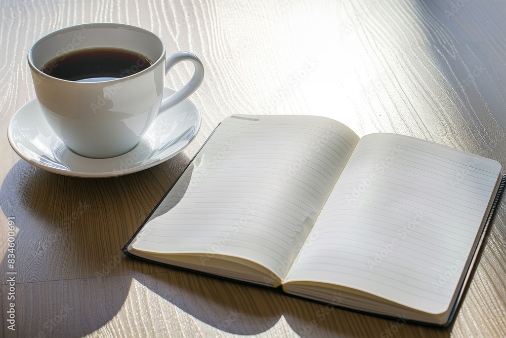 A clean office desk with a blank notebook and a cup of coffee, leaving ample space for adding text. A clean office desk with a blank notebook and a cup of coffee, leaving ample space for adding text.