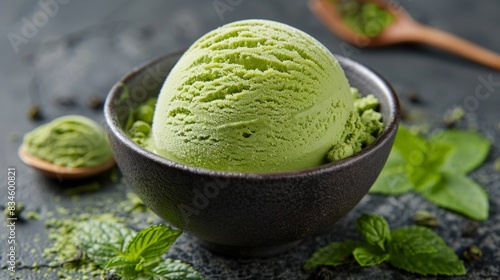 Refreshing Ice Cream Matcha with Green Tea Plant Background © PUKPIK