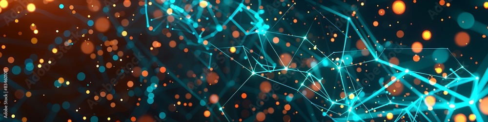 Dynamic technology background with bright cyan and orange dots and lines forming a complex plexus network Dynamic technology background with bright cyan and orange dots and lines forming a complex plexus network