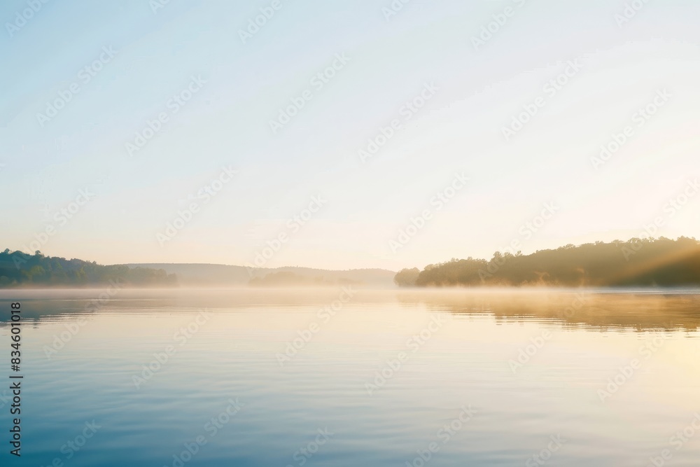 Fototapeta premium A tranquil lake scene at sunrise with a clear sky, leaving a large area of empty space for text.