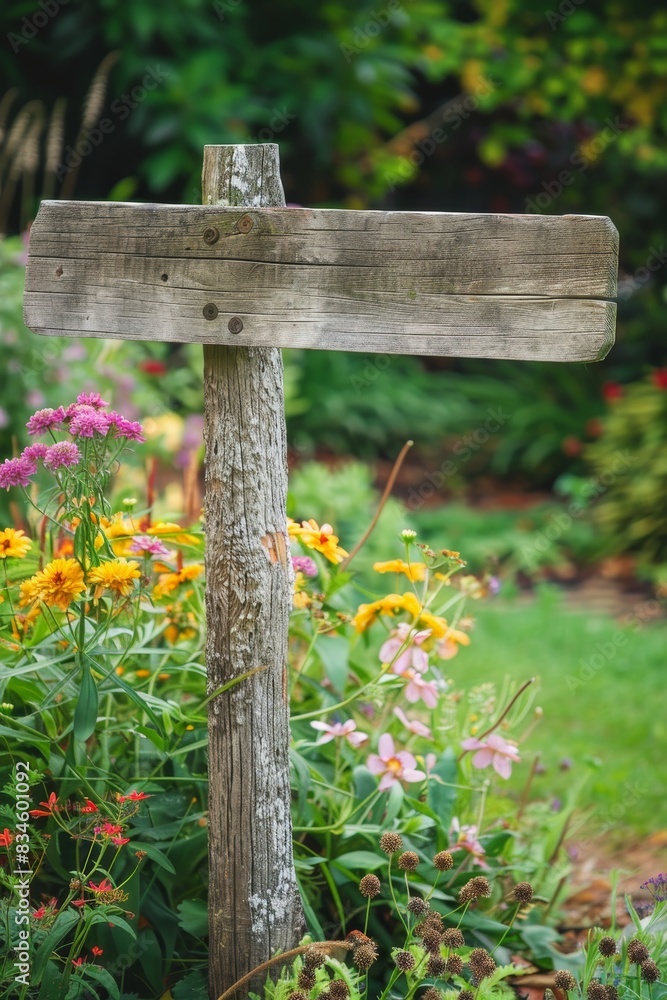 A serene garden with blooming flowers and a blank wooden signpost, ideal for adding text or directions. A serene garden with blooming flowers and a blank wooden signpost, ideal for adding text or directions.