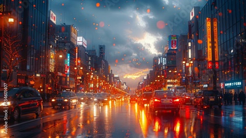 A vibrant city street at dusk with heavy traffic and illuminated buildings, reflecting vivid colors on the wet pavement.