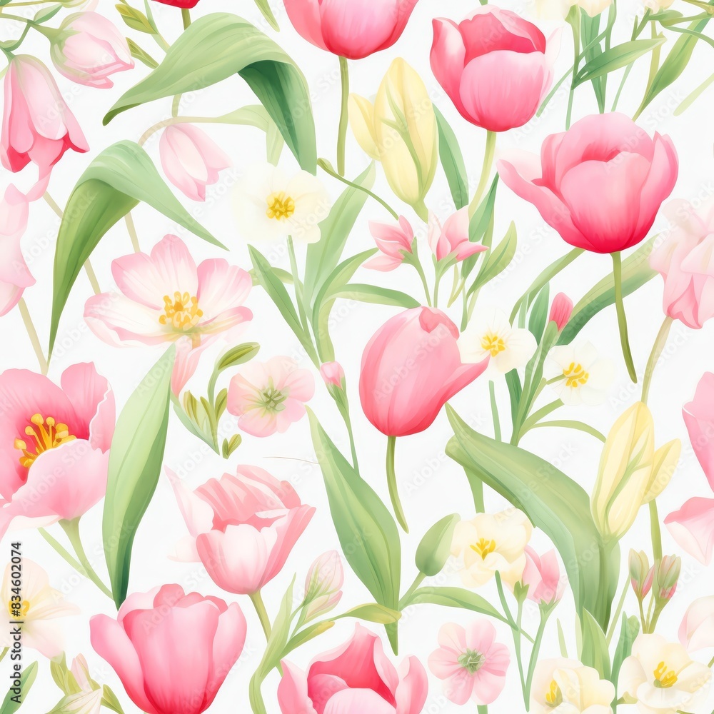 Seamless pattern with pink tulips, and green leaves on a white background. Perfect for spring floral designs. Seamless pattern with pink tulips, and green leaves on a white background. Perfect for spring floral designs.
