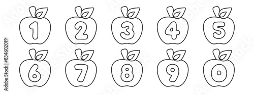 Vector illustration of apple-shaped numbers outlined in black for a coloring page for kids, from zero to nine. 
